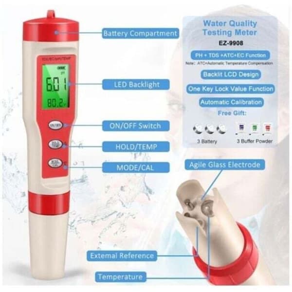 4-i-1 digital pH-mätare ZOR® Hög noggrannhet ± 0,01 pH/TDS/EC/ATC Funktion För dricksvatten
