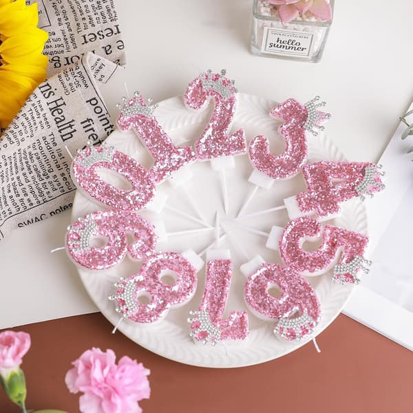 Bursdagslysnummer, rosa kronebursdagslys til kake, glitter nummer 6 lys kakedekorasjon med paljetter (rosa 6)