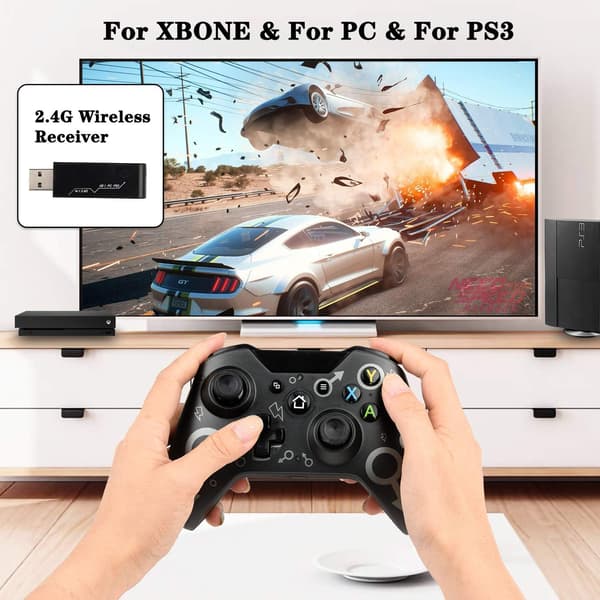 Wireless Xbox One Controller, Xbox Controller with 2.4 GHz Wireless Adapter, Compatible with Xbox One X/Xbox One S/PS3 and PC (Black)