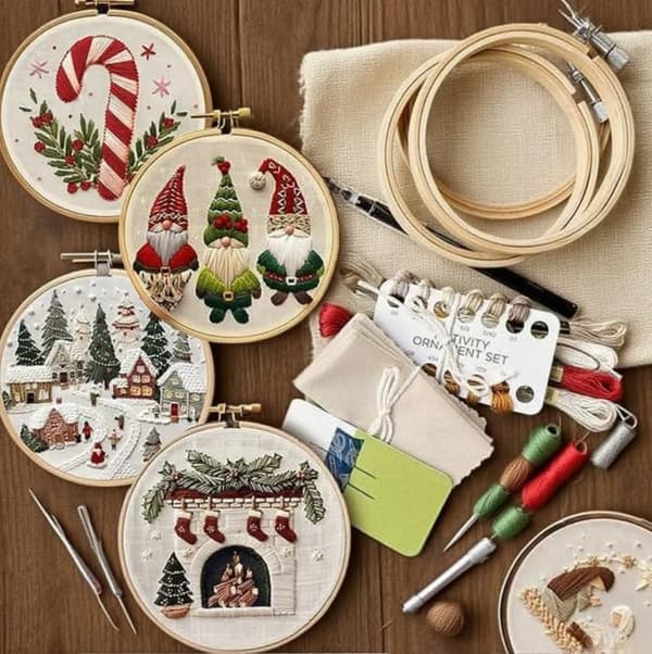 Christmas Embroidery Kit, with Pattern, Cotton Thread, Thread, Needle and Instruction Manual, DIY Cross Stitch Kit for Beginners (4 pcs B)