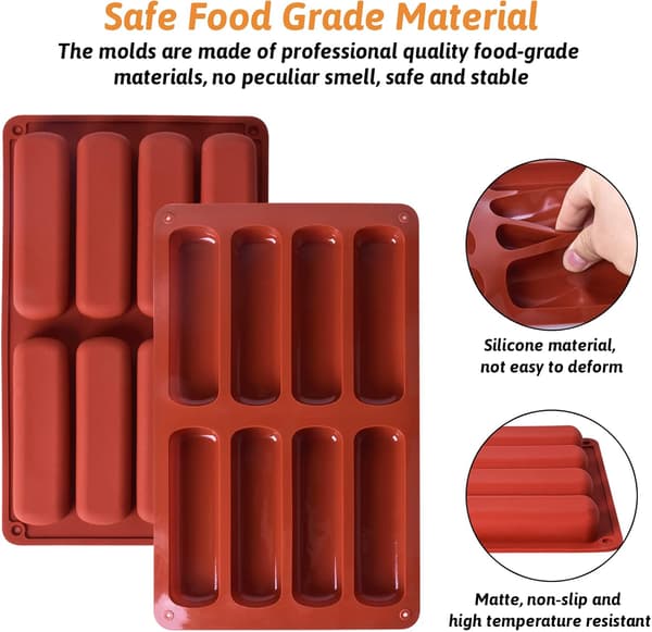 2-delt lang strimmelforme, rektangulær silikoneform til kornbarer, kiksform, kageform til chokoladeenergibar, 8 hulrum (11,7 x 3,2 cm pr.