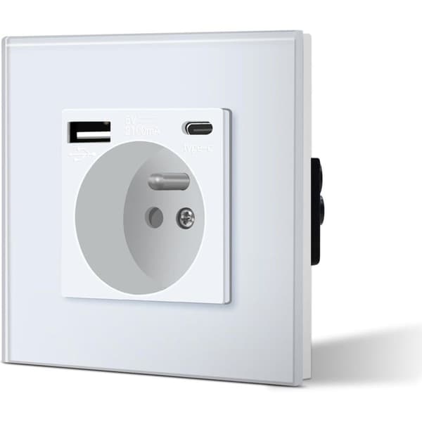 Glass Wall Socket with USB and Type-C Ports, 2 x 2.1A, 16A, 240V. Easy Installation. Modern Design for Home and Office.