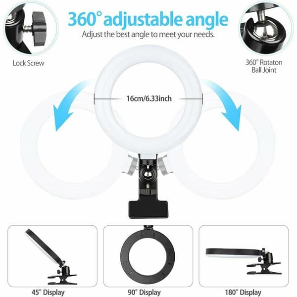 Ring Light with Clamp, 6 inch Ring Light Video Conference Lighting, Dimmable LED Makeup Lamp for Remote Work, Live Video, Remote Learning,