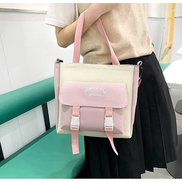 5-pack Kawaii Backpack Set with Bear Pendant, School Supplies, Cute Rabbit Brooches Large Canvas School Bag with Handbag (Pink)