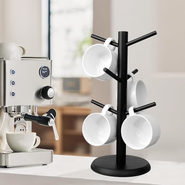 Koppholder, Tre Tykk Bunn Bambus Koppstativ, Koppstativ, Benkeplateholder for Kopper (svart)