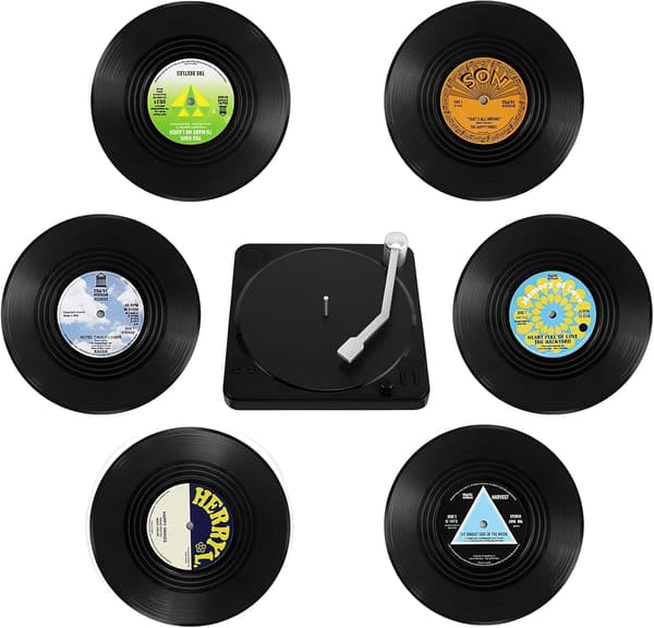 10,5 x 10,5 x 0,2 cm Vinyl Coasters, Sett med 6 CD Retro Coasters