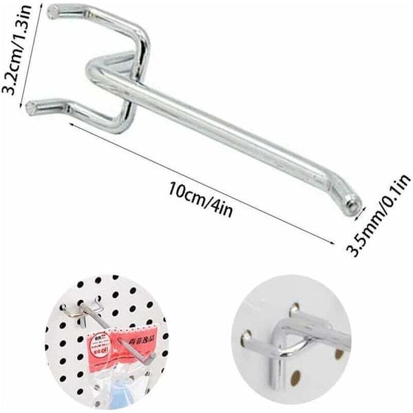 50-pack perforated hooks, galvanized carbon steel, 10 cm long, 3.2 cm wide. For storing tools and supplies.