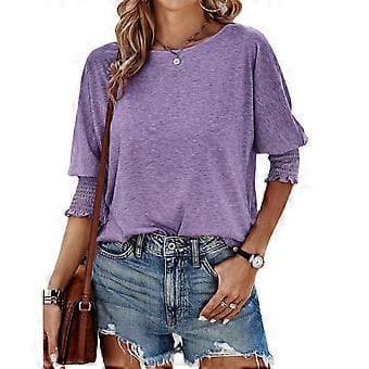 Dame Crew Neck Tunika Topp T-skjorte 3/4 Erme Basic T-skjorter Basic T-skjorte Bluser Ensfarget Løs Passform Tunika Topp Bluser Lilla S(S Lilla)