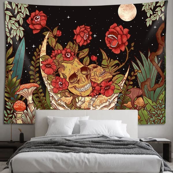 Flower Skull Wall Decor Moon Garden Tapestry Aesthetic Mouse