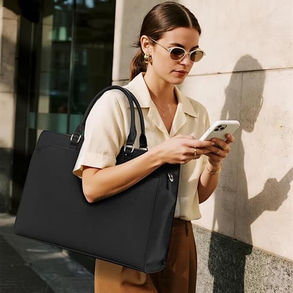 Women's Bag for 15.6-inch Laptop, Waterproof PU Leather, Multiple Compartments, Detachable Shoulder Strap, for Work and Office, Black