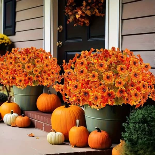 8 st konstgjorda blommor höstdekoration, UV-resistenta orangea & gula prästkragar för trädgårdsdekoration