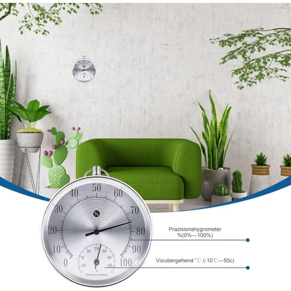 Utendørstermometer, 10 cm trådløst ?? Veggmontert analogt termometer og hygrometer, egnet for hjem, drivhus, hager, biler, etc. (Sølv)