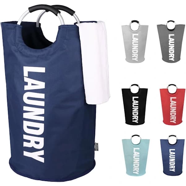 82L Large Laundry Basket, Foldable Laundry Hamper, Freestanding Tall Laundry Basket, Collapsible Laundry Basket (Dark Blue)-tfrf