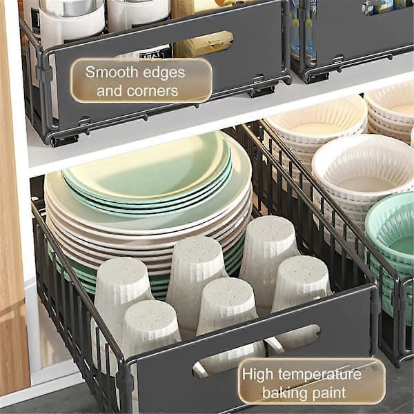 Extendable Kitchen Storage Shelf with Sliding Iron Wire Drawer, Organizer for Spice Bottles, Snacks, Cabinets, Countertop, Black