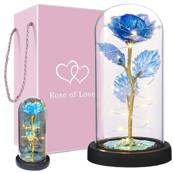 Evig rose i glasgave med LED-lysende blåt glas til kvindedagen 422