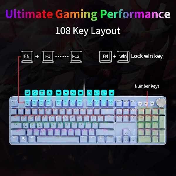 Mechanical Gaming Keyboard with Red Switches, USB Wired RGB Rainbow LED Backlit Keyboard with 108 Keys and Multimedia Controls