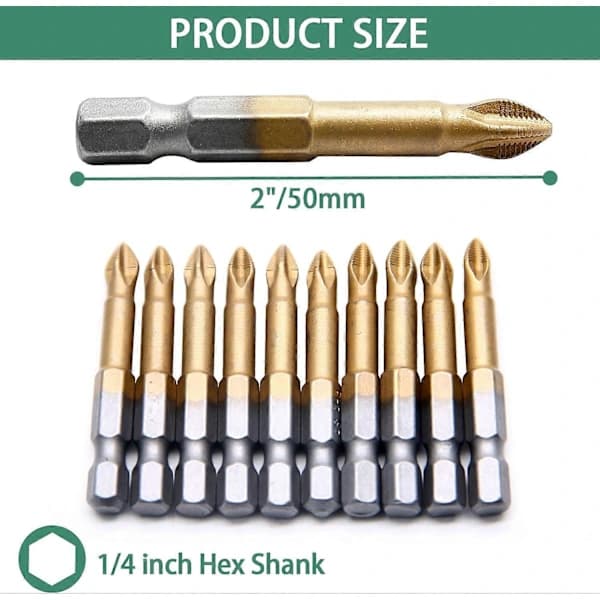 10 st PH2 Antiglid Skruvmejselbits, 1/4 tums Hex 50 mm Längd Titan