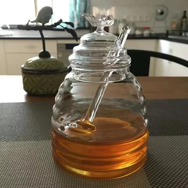 Honey Jar with Dipper and Lid, Glass Honey Storage Container, Beehive