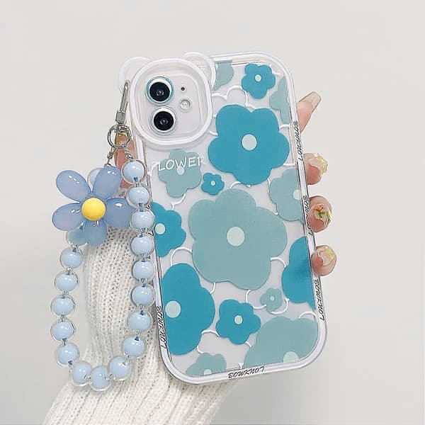 Compatible case for iPhone 12 with beautiful floral wristband, floral bear camera lens protector, transparent case with chain - Bear Blue