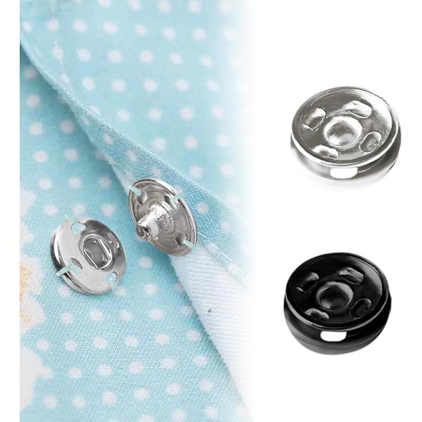 Syknapper, 120 sæt 8 mm og 10 mm, Sorte og Sølvfarvede, Påsybare Trykknapper Metalknapper Trykknapper