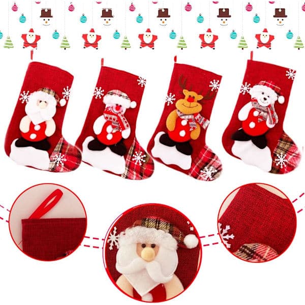 4 mellomstore julestrømper, med julenisse