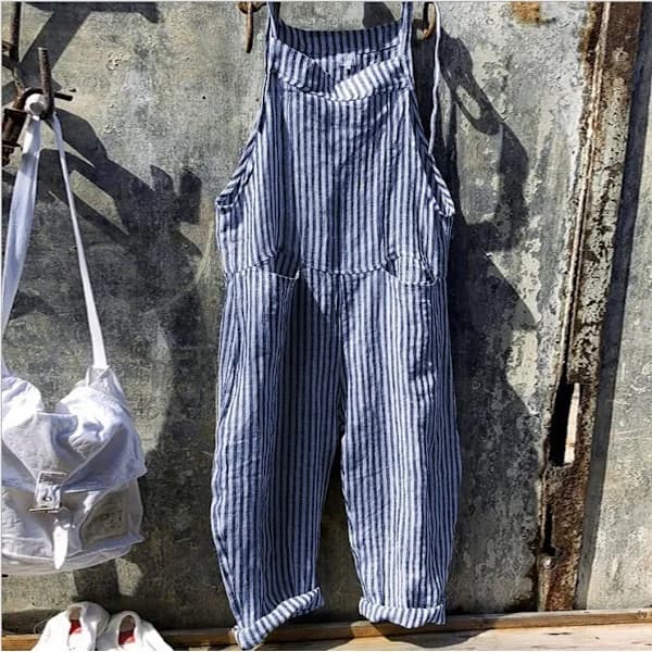 Dam Bomull Linne Randig Jumpsuit Overall Playsuit Röd Röd 2XL 2XL