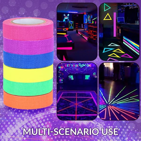 Selvlysende tape, neonrulle, 6 farver, 5M x 1.5CM, lyser under UV, til fester og håndværk