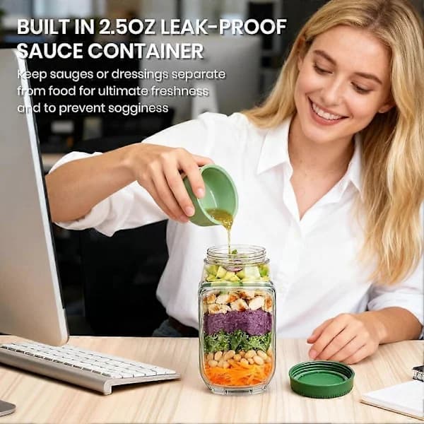 Salad Jars with Leak-Proof Dressing Container, Reusable Lunch Box with Side Opening for Salads, Snacks, and Oats, 2-Pack Green Orange