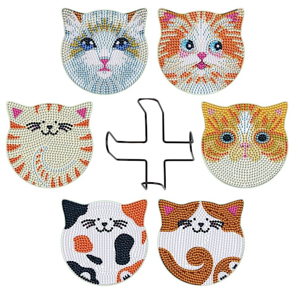 Sett med 6 DIY diamantmalingsunderlegg - katter m