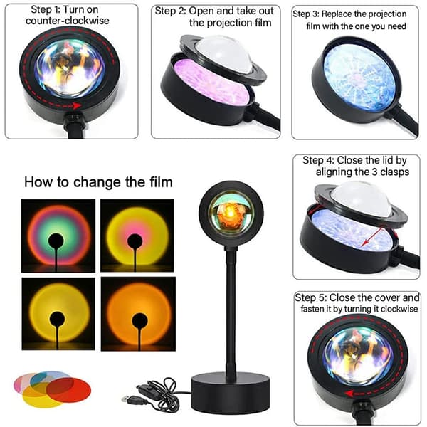 Solnedgangslampe Projektor med APP- og Knappkontroll, 360 Graders Rotasjon Flere Farger Endres LED Lampe Nattlys, Solnedgangslys