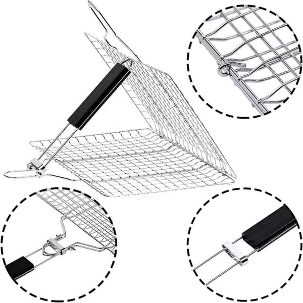 BBQ Grill Basket with Wooden Handle, Foldable Reusable Stainless Steel Grilling Basket for Fish, Vegetables, Shrimp, Camping