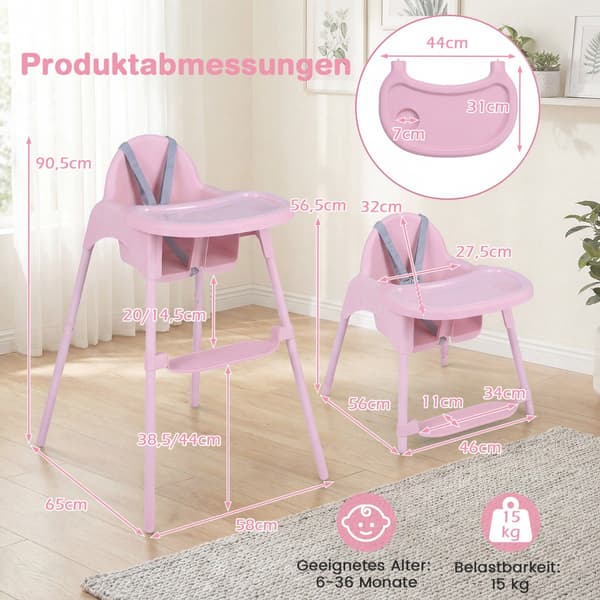 4-in-1 Convertible High Chair with Adjustable Tray, Pink