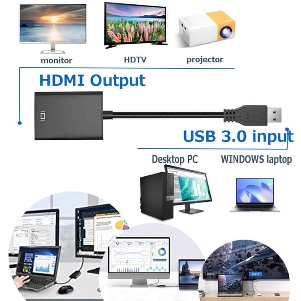 USB to HDMI Adapter 1080P HD Video Audio Converter Compatible with Windows PC Laptop HDTV Black USB 3.0/2.0