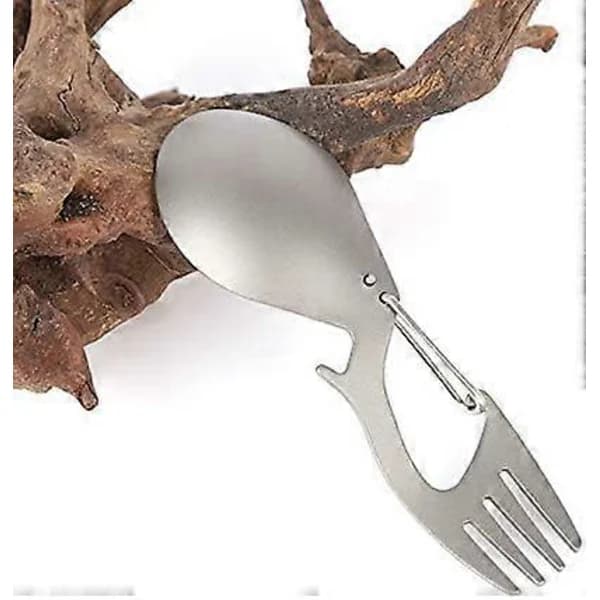 Rustfri Stål Gaffel - Titanium Ske med Flaskeåbner - Sølv Campingbestik - rustfrit stål, titanium