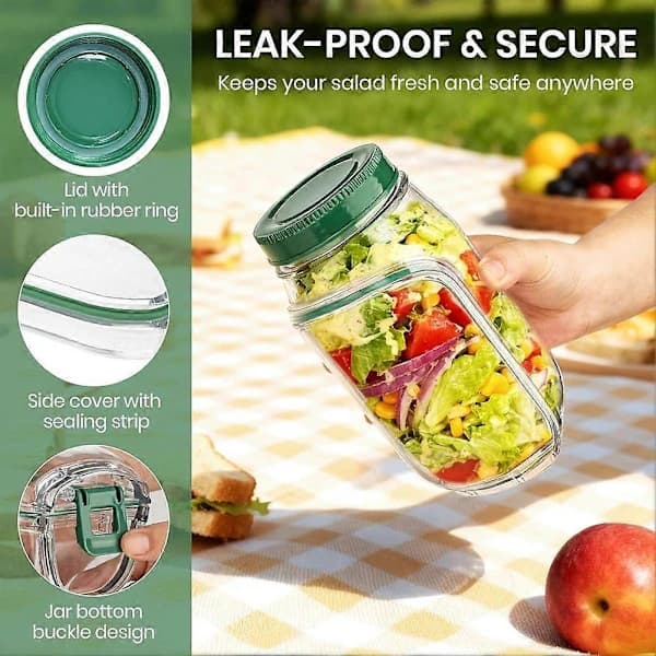 Salad Jars with Leak-Proof Dressing Container, Reusable Lunch Box with Side Opening for Salads, Snacks, and Oats, 2-Pack Green Orange
