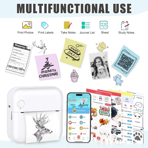 Musteeton lämpötulostin 10 rullalla lämpöpaperia ja tarroja iOS:lle ja Androidille, musta