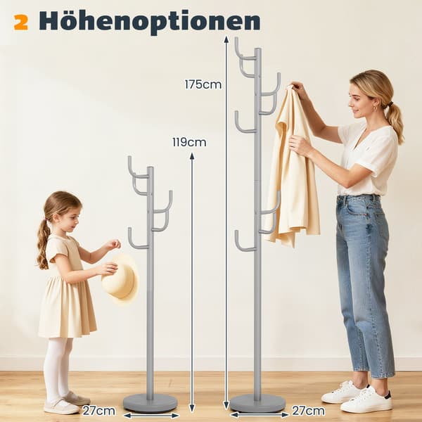Klesstativ, 175 cm, 8 kroker, justerbar høyde, sølv
