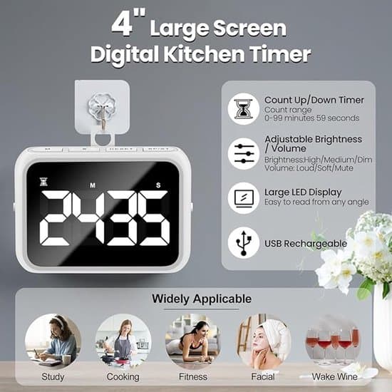 USB Rechargeable Loud Digital Kitchen Timer with Large LCD Display and Adjustable Loud Alarm - Ideal Magnetic Timer for Desk or Kitchen, Black