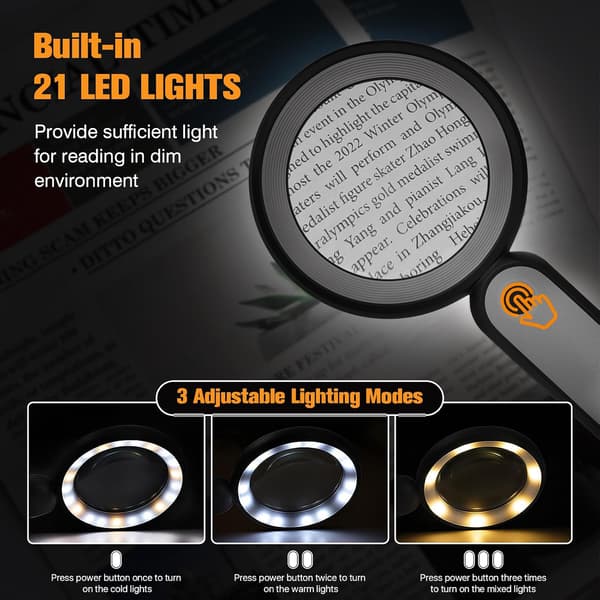 Forstørrelsesglass med 21 LED-lys 30X Håndholdt leseforstørrelsesglass 3 moduser for eldre