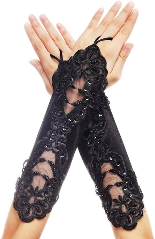 (Svart) 1 par fingerløse glitter sateng blonde bryllupshansker, Ladi