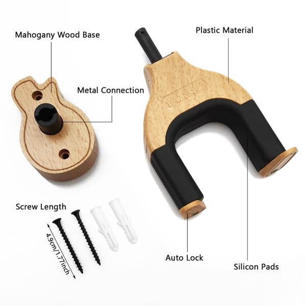 Gitarveggfeste, autolås gitarvegghenger gitarholder hardt trebase i gitarform gitarkrok for akustisk