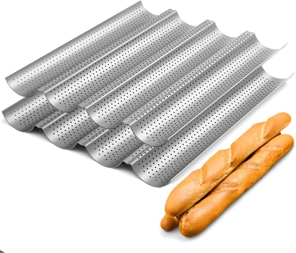 2-pakke Non-stick Perforert Baguetteform 38 x 33 cm for Franskbrødbaking, 4 Bølgeformede Brød, Bakeform, Ristet Brød, Bakeriform (Sølv)