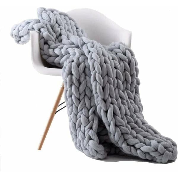 Grey, 60*80 cm Hand-Knitted Chunky Knit Blanket, Wool Blanket, Large Knitted Bed Throw Compatible with Sofa, Sleeping Pad