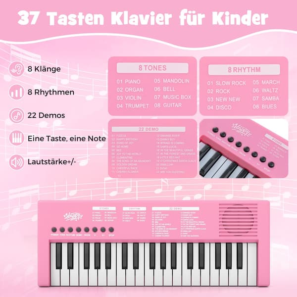Rosa keyboardpiano til børn, 37 tangenter, 8 rytmer, USB og batteri
