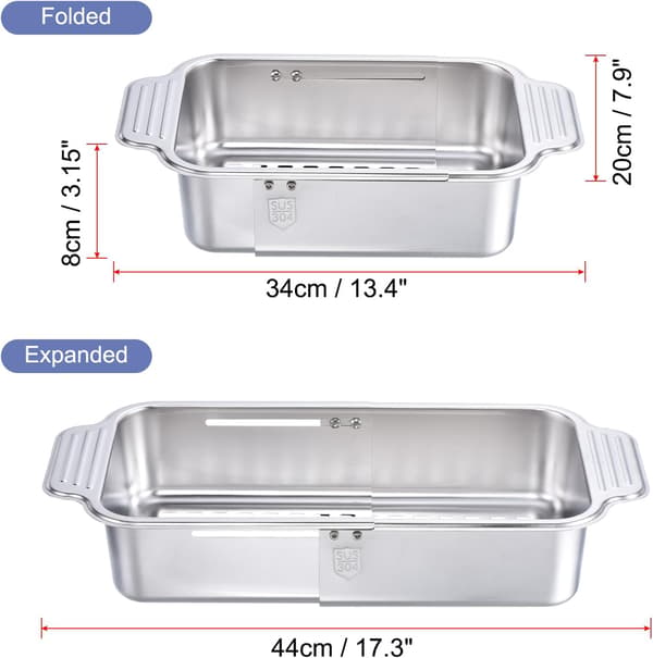 Extendable Colander Over Sink, Adjustable Colander for Fruits and Vegetables, Stainless Steel, Silver