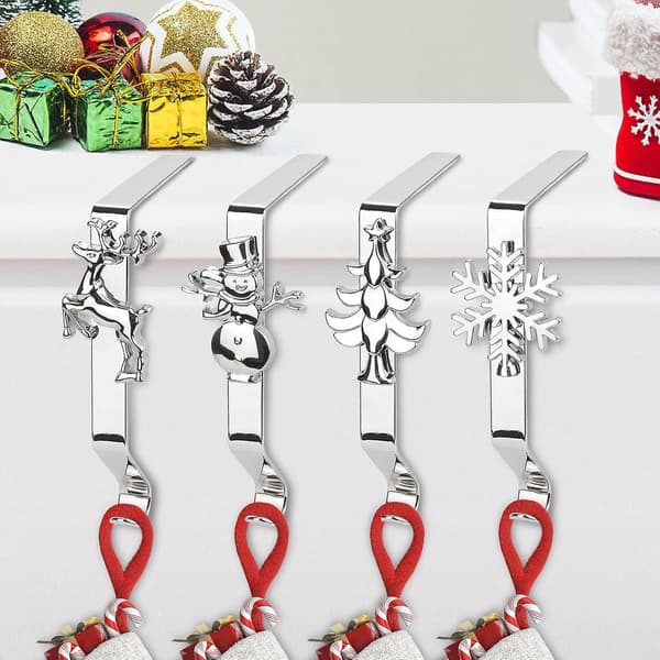 4-pack Christmas Stocking Holders for Mantel, Non-slip Fireplace Stocking Hangers for Christmas Party Decorations Silver