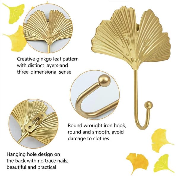Iron Leaf Hooks, 4 Pcs Gold Ginkgo Leaf Shaped Wall Hooks, Modern Key Holder, Single Hook Hanger for Home Office