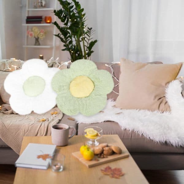 2 st Blomformad Golvkudde, Plyschkudde i Blomform, Stol Sittdyna, Mjuk Blomkudde vit grön + grön gul