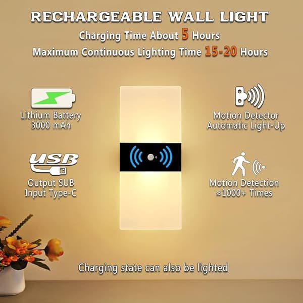 LED Wall Lamp with Motion Sensor Indoor, Wall Light Battery Operated Night Light USB Rechargeable Battery Acrylic Motion Sensor Light Wall Lighting