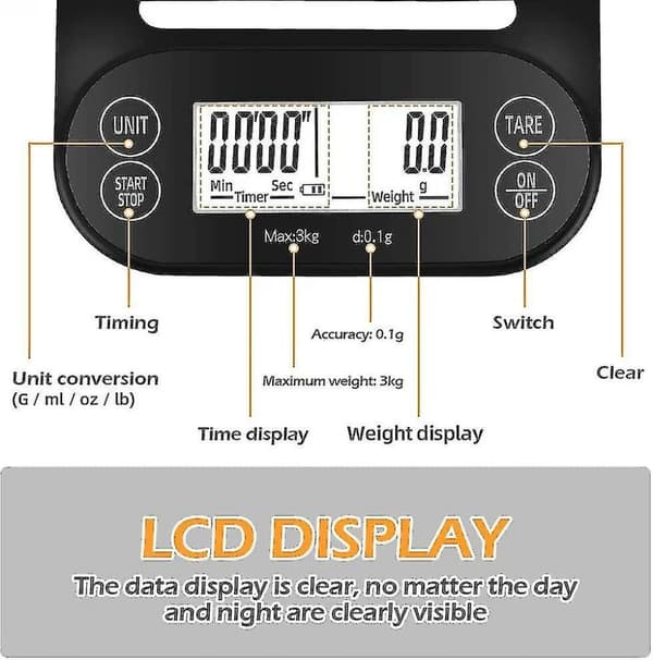 Digital Kitchen Scale 3kg/0.1g, LED Display, High Precision, for Cooking and Coffee